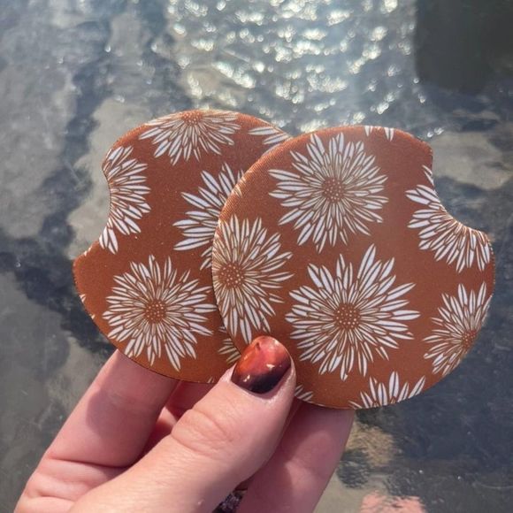 Boho Orange Floral Car Coaster Set | Floral Coaster Set | Boho Car Accessories - Picture 3 of 11